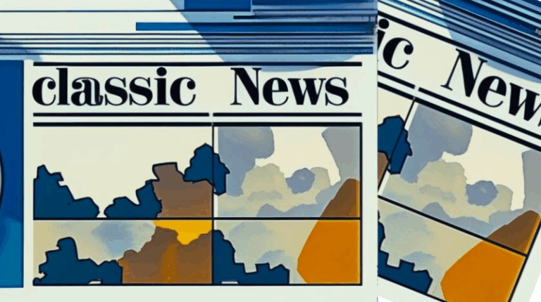 A graphic of a newspaper titled Classic News with abstract blue, gray, and orange shapes beneath the headline, appearing in repeated overlapping panels—perfect for use in presentations or read alouds to engage your audience visually.