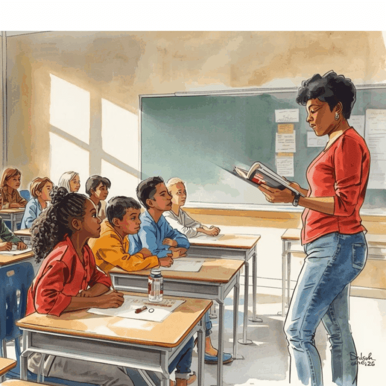 A teacher conducts engaging read alouds from a book to attentive students seated at desks in a classroom, with sunlight streaming through windows and a green chalkboard in the background.
