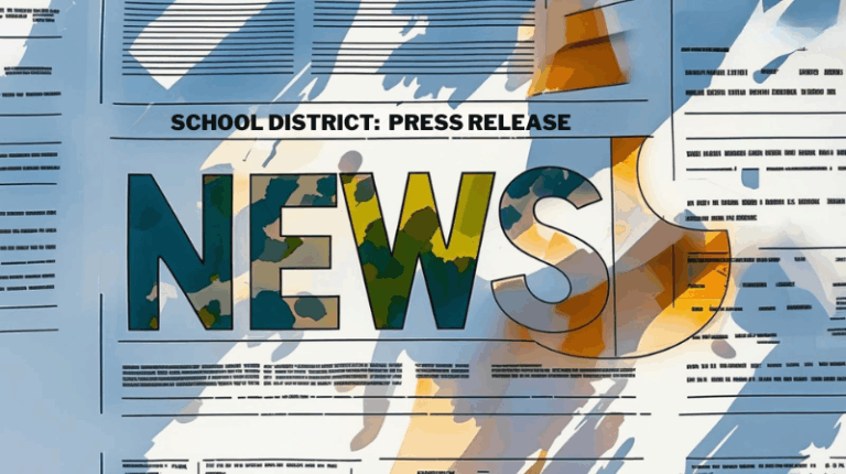 A graphic with the word NEWS in bold, colorful letters and the heading School District: Press Release overlaid on an abstract newspaper-like background, highlighting the latest updates on read alouds in classrooms.