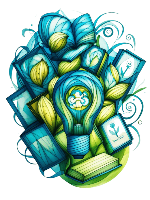 A vibrant, abstract digital illustration. At the center is a large lightbulb glowing with yellow light, which contains a subtle brain or thought-cloud shape inside, symbolizing an "idea" or "insight." The lightbulb is surrounded by a dynamic, spiraling cluster of stylized, open, and closed books in various shades of blue and green. The overall effect is energetic, visually representing the power of diverse texts to spark creative thinking and new ideas.