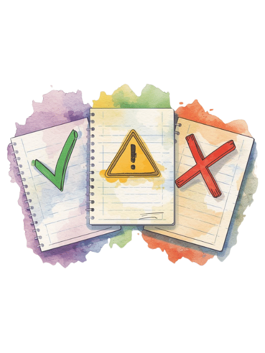 A watercolor illustration depicting three spiral notebooks or papers, each representing a different level of assessment or quality: a green checkmark for 'strong,' a yellow triangular caution sign for 'middle' or 'needs attention,' and a red 'X' for 'weak' or 'incorrect.