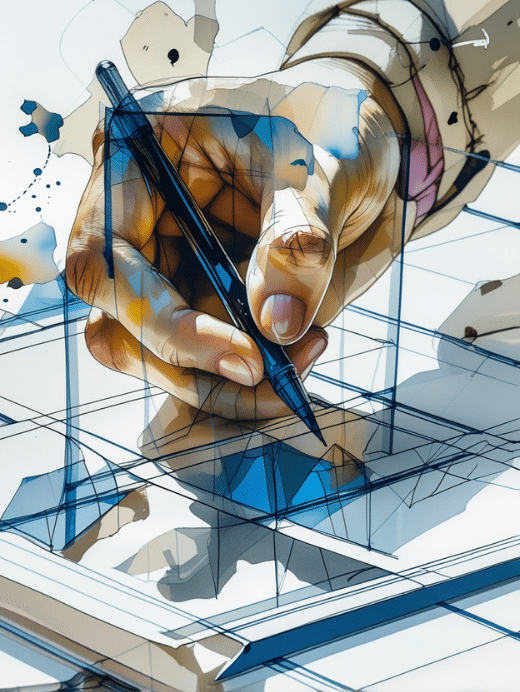 An artistic, close-up illustration of a hand holding a dark pen, actively sketching or writing on a surface. The lines being drawn form a transparent, multi-layered, three-dimensional geometric framework or blueprint, suggesting the process of planning, designing, or creating a structured model.