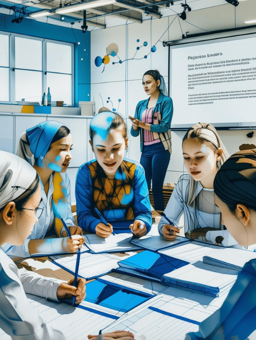 A diverse group of five young students seated around a table intently focused on papers and open books, some writing with pens. In the background, a teacher stands near a projector screen displaying text (likely placeholder Spanish) and abstract blue and yellow shapes, suggesting a classroom focused on learning and collaboration.