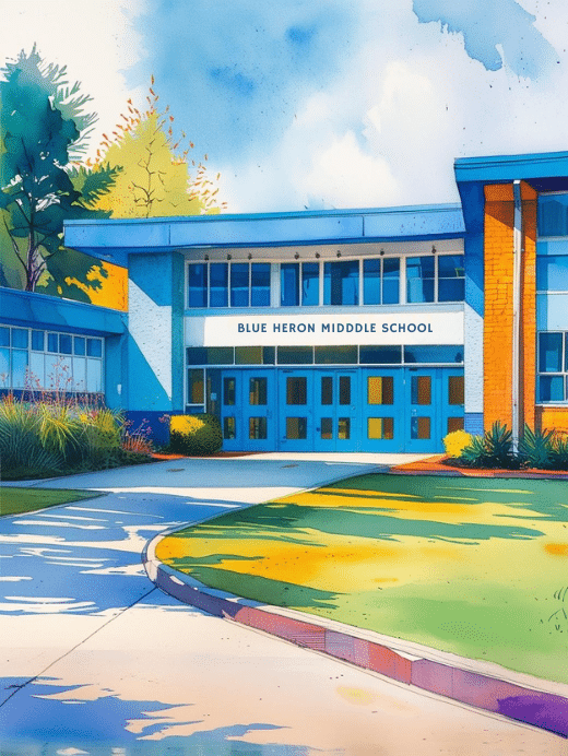 A watercolor of a brick building with blue roof trim and a sign above the doors that reads Blue Heron Middle School