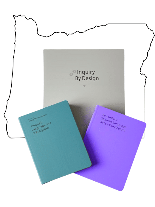 graphic featuring the outline of the state of Oregon. Overlaid on the map are three stacked books representing curriculum materials: a large gray binder or book labeled "Inquiry By Design," a smaller teal book labeled "English Language Arts Program," and a purple book labeled "Secondary Spanish Language Arts Curriculum."