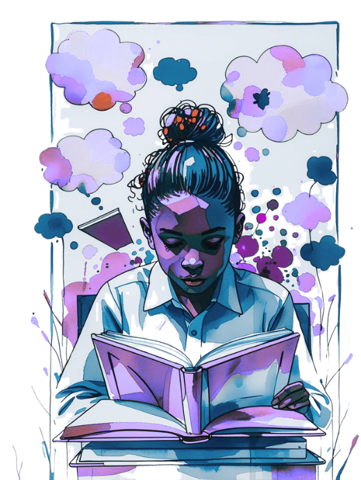 vibrant, stylized digital illustration, rendered in watercolor, features a young person with dark skin and hair pulled up, intensely reading an open book. The foreground shows the reader focused on the text, while the background is filled with abstract shapes, watercolor splatters, and floating thought clouds in shades of purple, blue, and white, symbolizing immersion and the blossoming of ideas from reading.
