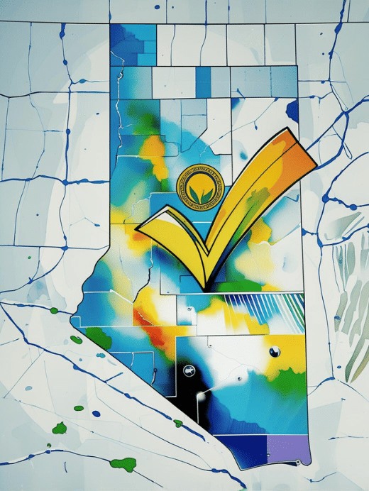 A colorful, abstract outline of the state of Utah, filled with blue, green, and yellow block patterns, featuring a large yellow checkmark and a circular seal at its center.
