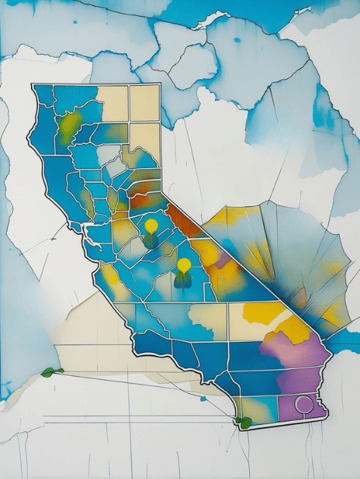 A watercolor image of th state outline of California rendered in blues. reds, purples, yellows, and green.