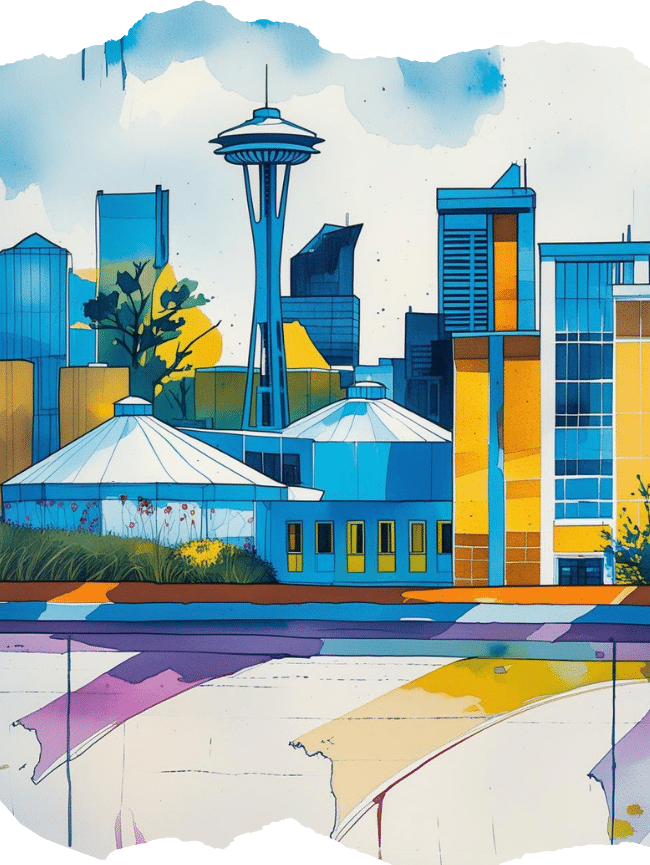 Downtown Seattle, Washington rendered as a watercolor image using blues and golden yellows