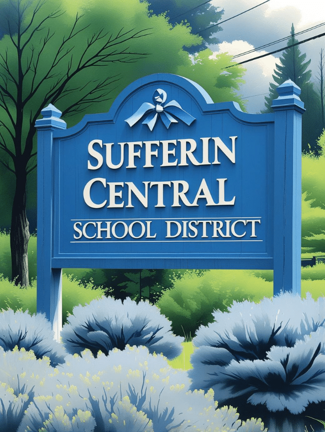 A blue wooden sign that reads Sufferin Central School District