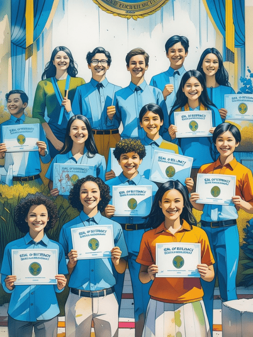 vibrant, stylized illustration of a diverse group of approximately twelve smiling high school students, likely graduates, standing together and proudly holding certificates labeled "SEAL OF BILITERACY" in a ceremonial setting