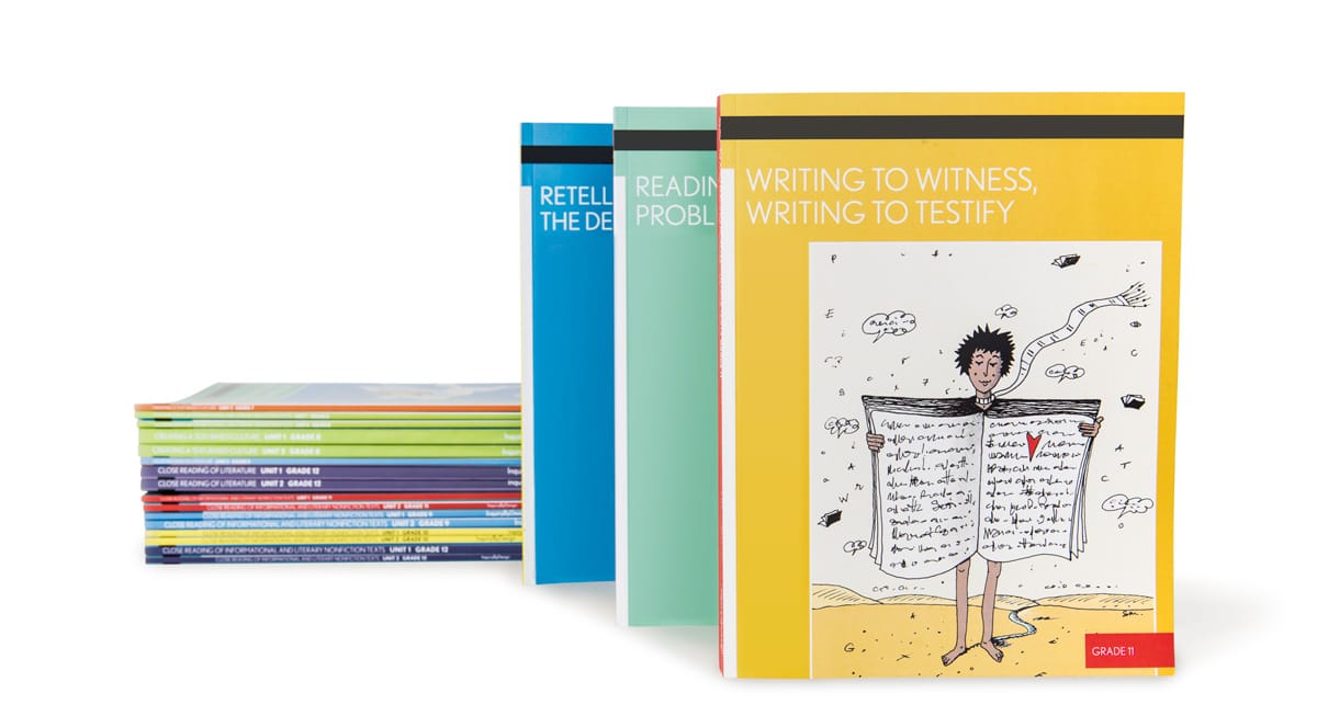 stack of colorful textbooks, with a focus on four books standing upright. The books on the left are a stack of thin booklets in various colors, with titles visible like "Close Reading of Literature, Unit 1, Grade 12" and "Close Reading of Informational and Literary Nonfiction, Unit 1, Grade 12." On the right, four thicker books are standing upright. From back to front, the books are blue, light green, another shade of green, and yellow. The yellow book in the foreground has the title "Writing to Witness, Writing to Testify" and the words "Grade 11" at the bottom right. The cover features a cartoon drawing of a person holding a large piece of paper with text on it, surrounded by flying letters and a small red heart