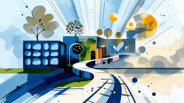 Watercolor image of a modern block building with arched doorways and a winding pathway