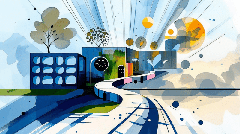 Watercolor image of a modern block building with arched doorways and a winding pathway