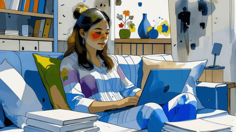 AA watercolor-style illustration of a teacher, seated comfortably on a sofa at home, wearing pajamas and working on a laptop. She is surrounded by pillows and a few stacks of books, with shelves and abstract art visible in the background, suggesting late-night or weekend work and preparation.