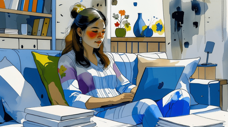 AA watercolor-style illustration of a teacher, seated comfortably on a sofa at home, wearing pajamas and working on a laptop. She is surrounded by pillows and a few stacks of books, with shelves and abstract art visible in the background, suggesting late-night or weekend work and preparation.