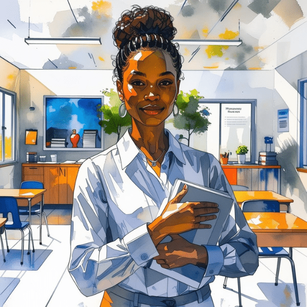 a confident African American teacher standing in front of an empty classroom. She is holding book. She radiates confidence and preparedness.