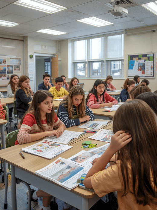 Brightly lit high school classroom with a diverse group of students reading newspapers