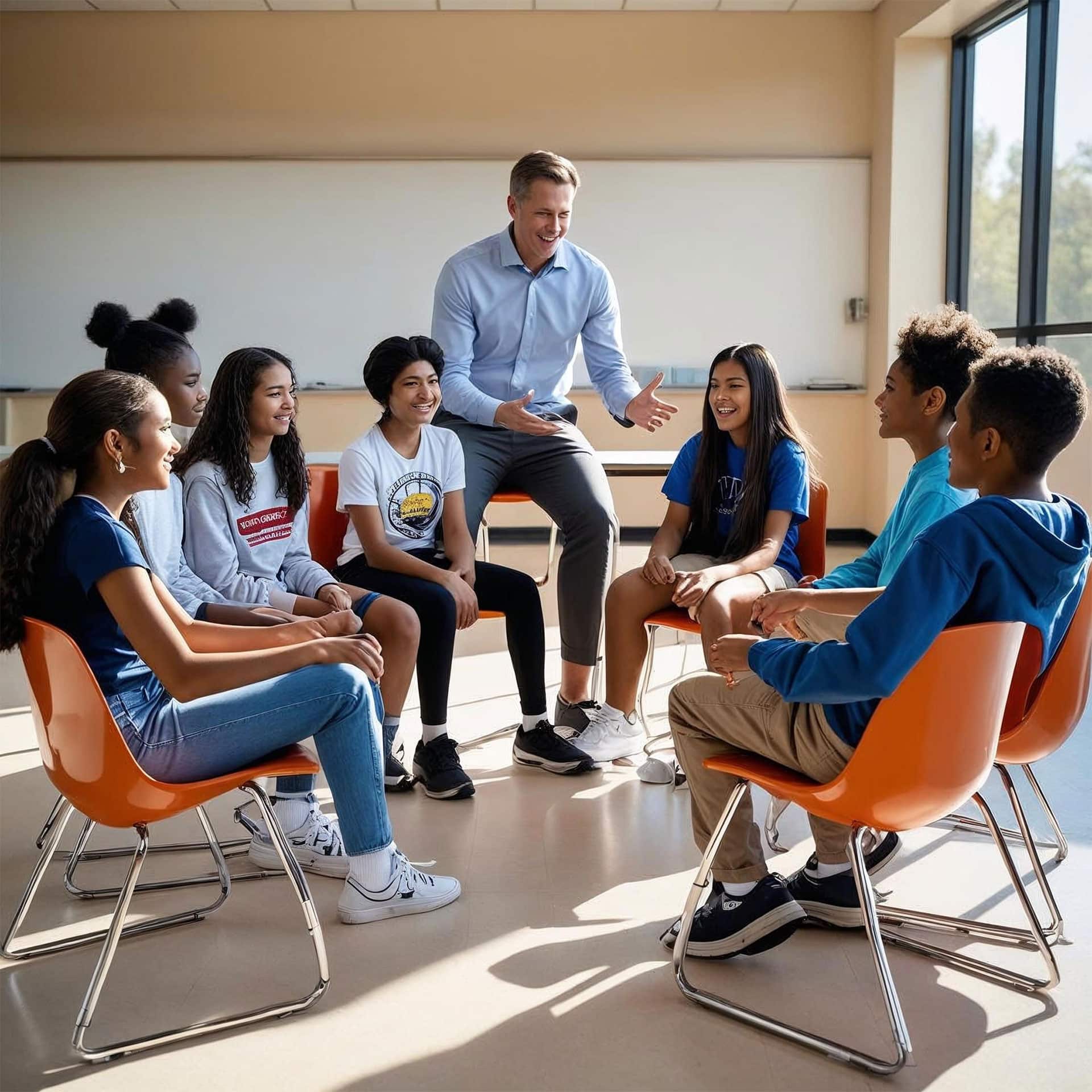 A diverse group of smiling middle school students and a male teacher sitting in a circle, engaged in a lively and collaborative classroom discussion.