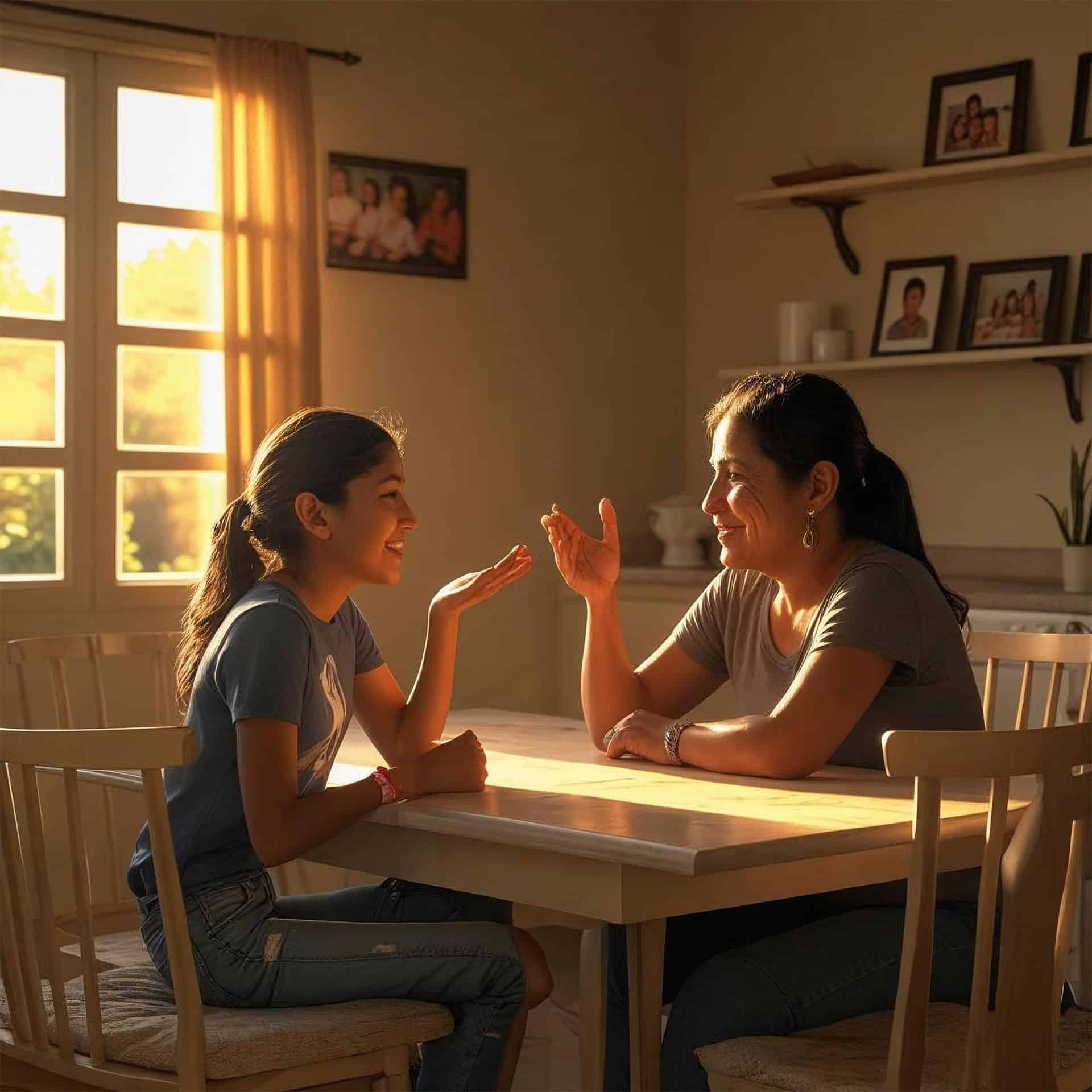 A smiling mother and daughter sitting at a table, having a warm and engaging conversation in a sunlit room.