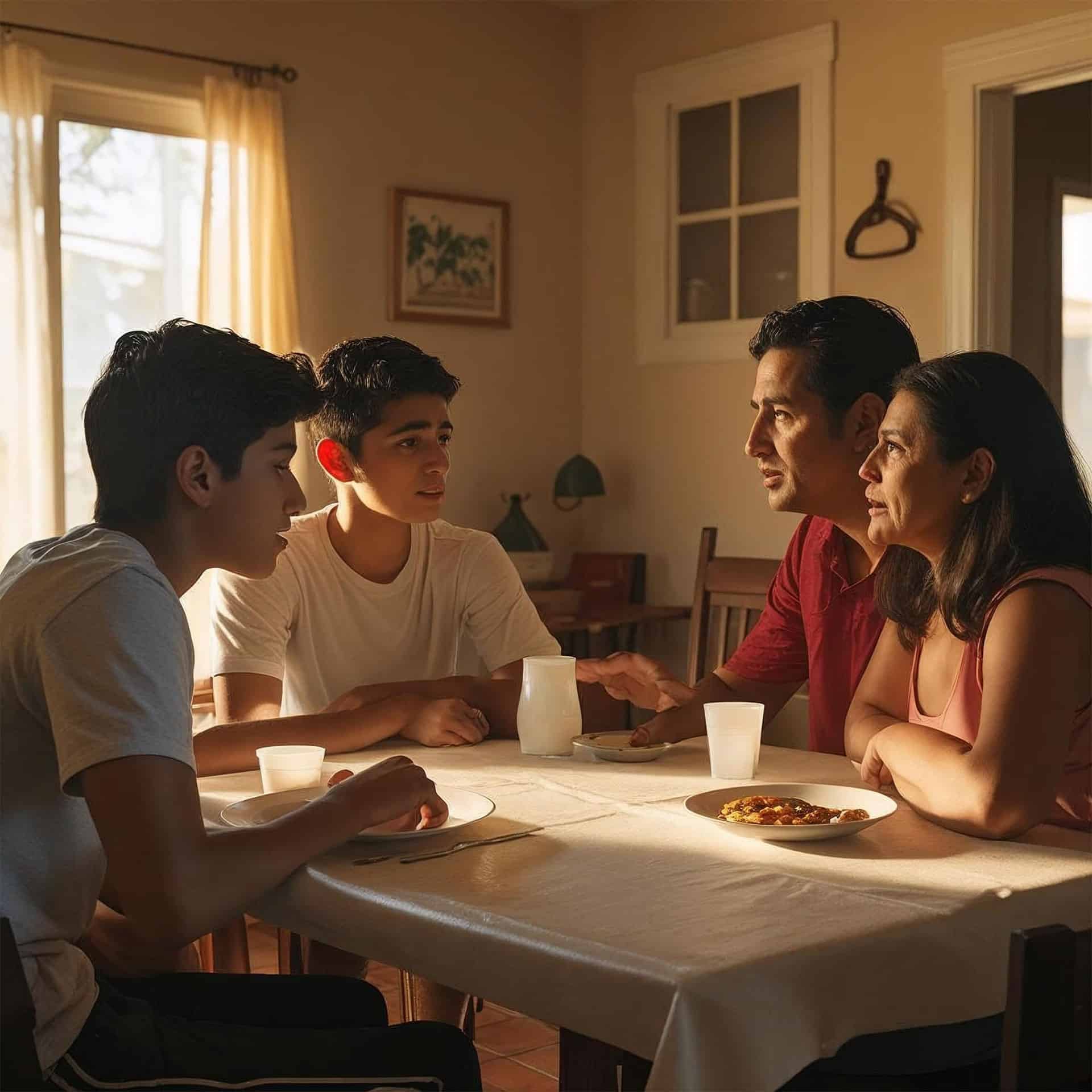 Two teenage boys sit at a table talking with their parents in a sunlit room.