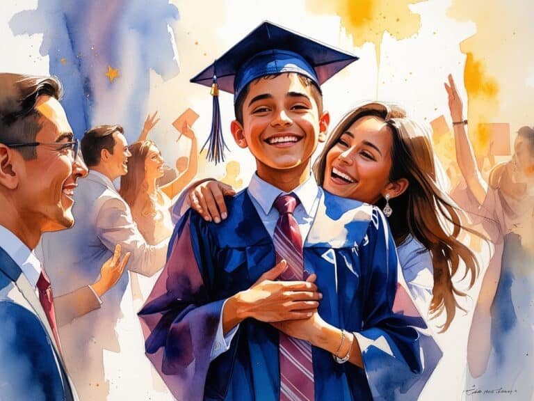 A smiling graduate in cap and gown stands in the foreground, embraced by a joyful woman, while people celebrate and throw caps in the background under a bright, sunny sky.