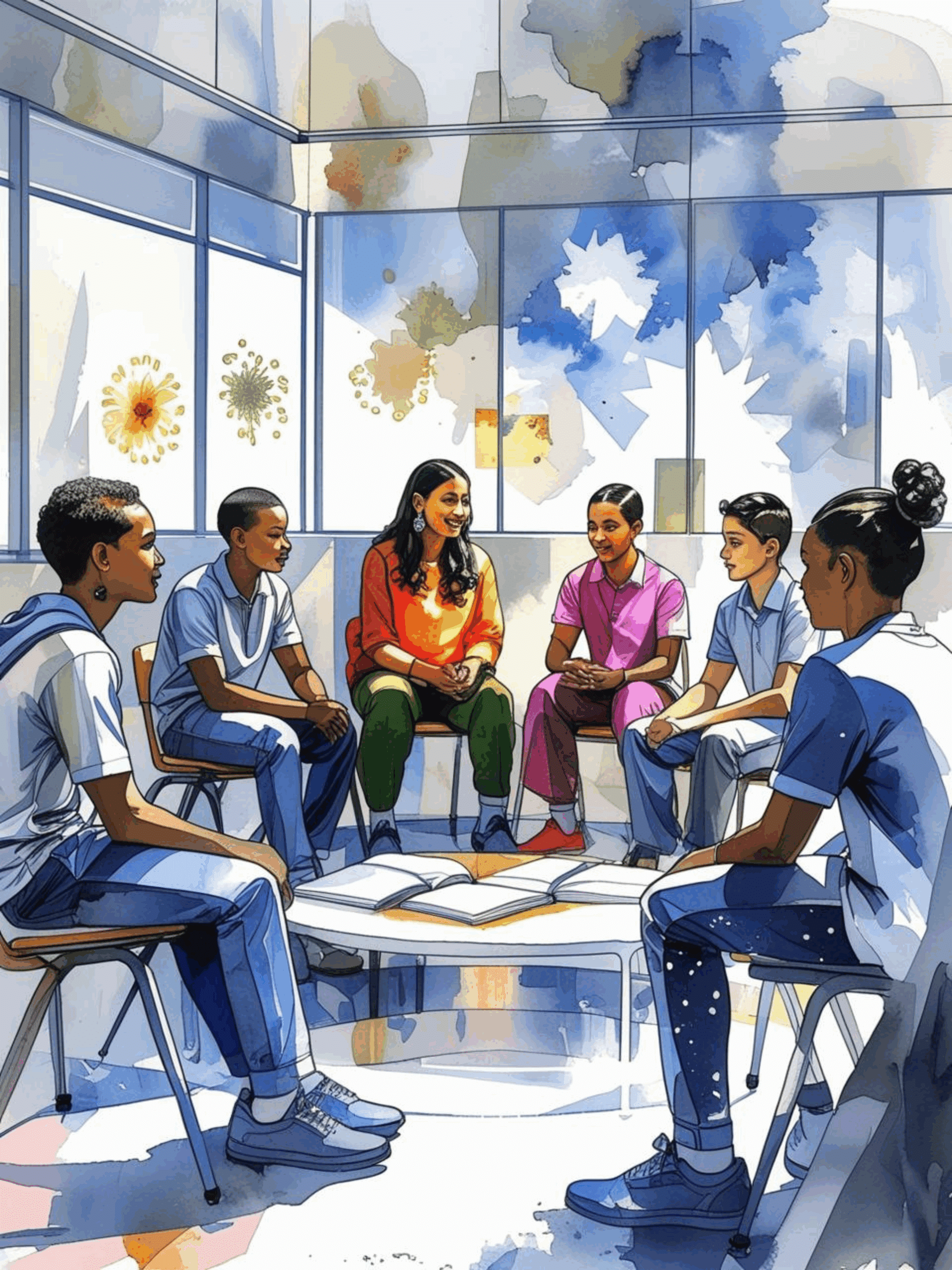 vibrant watercolor illustration of a diverse group of middle school students and their teacher sitting in a circle, engaged in a collaborative discussion around an open book
