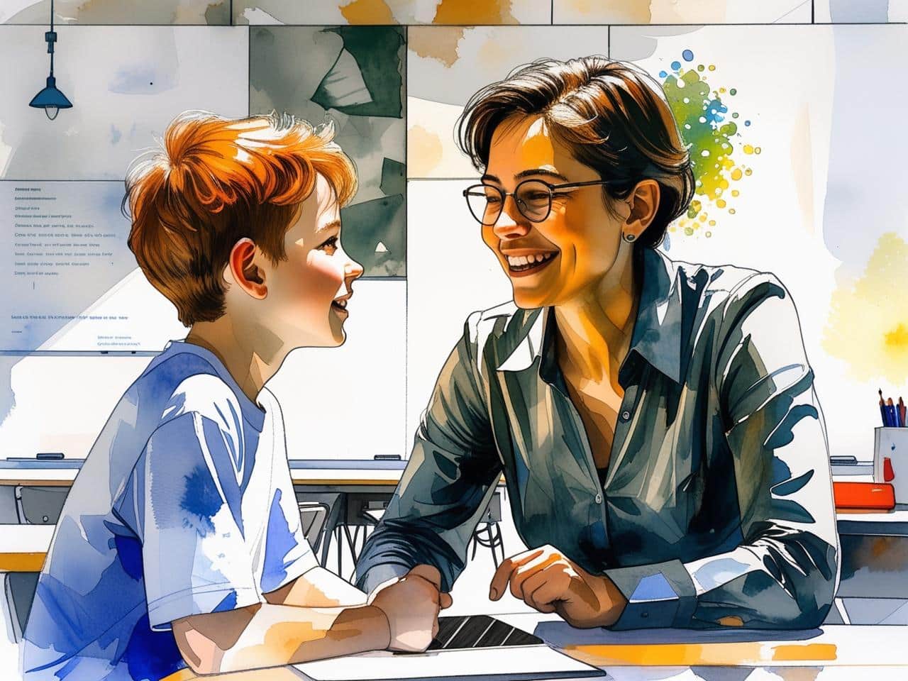 An illustration of a teacher and a student smiling at each other in a one-on-one conversation, symbolizing the curriculum's support for all students in engaging with complex texts.