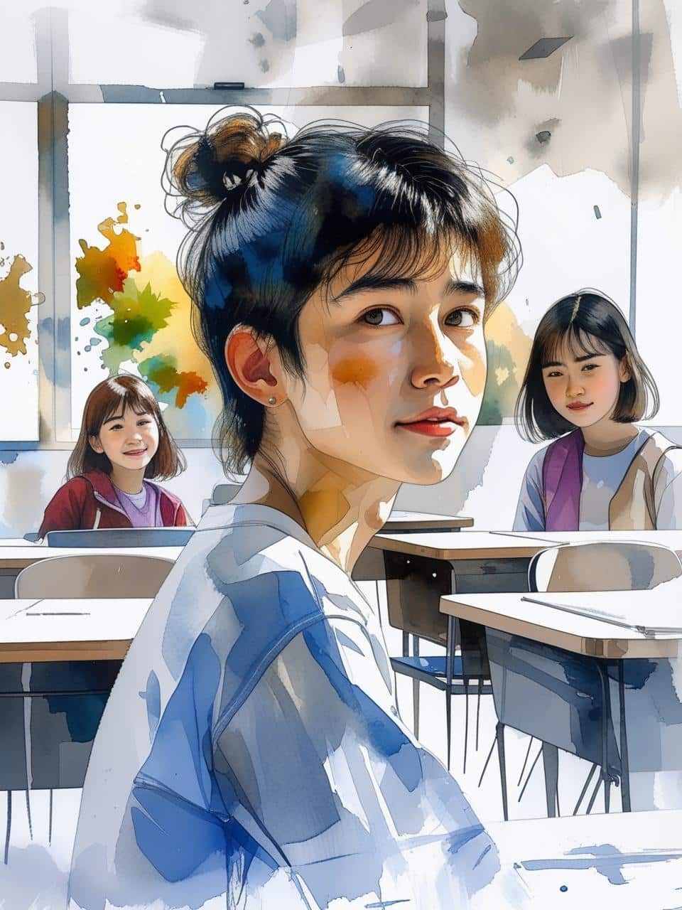 A watercolor portrait of a confident middle school student looking over their shoulder in a classroom. Two other students are in the blurry background.