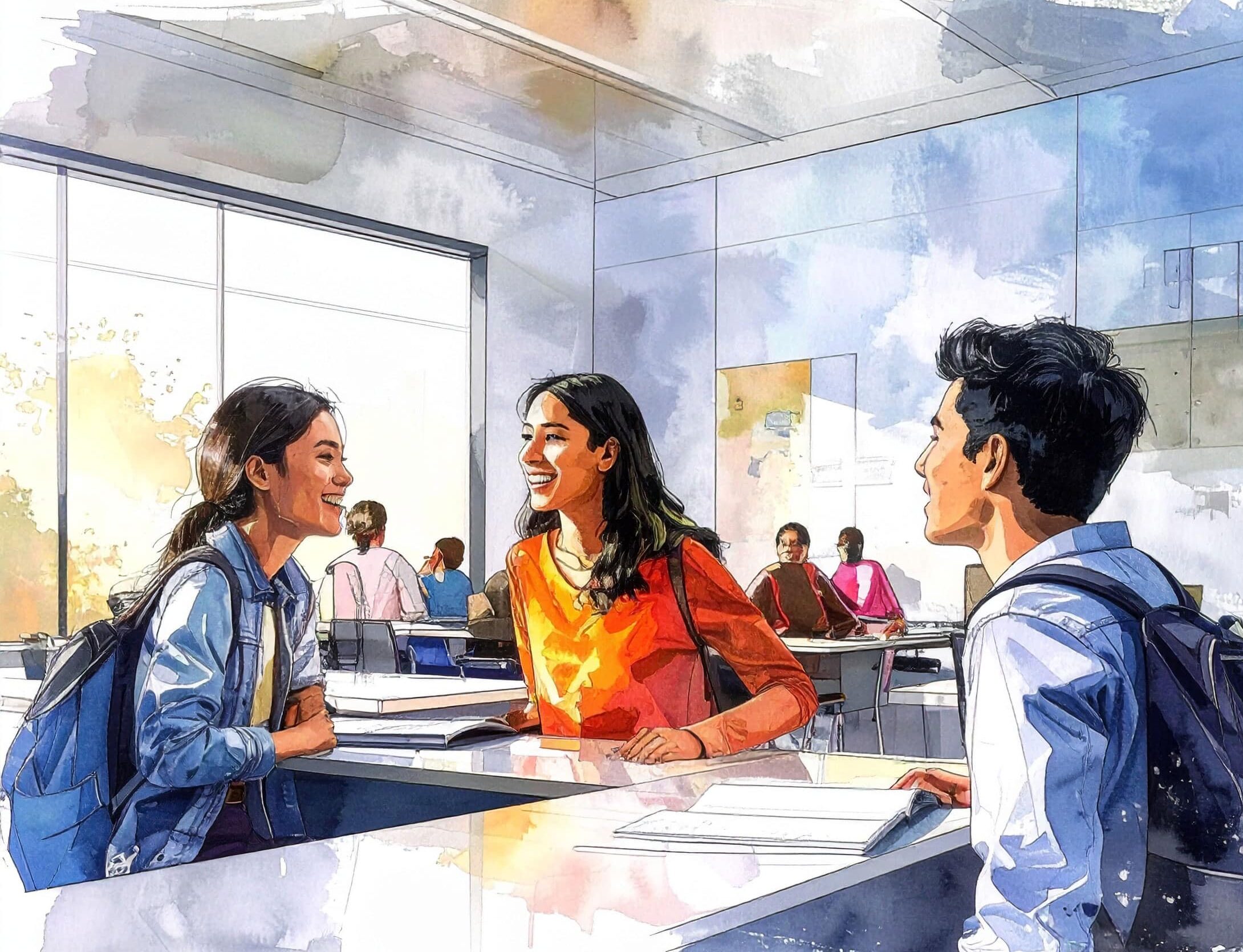 Three middle school students smiling and collaborating in a bright classroom with other students in the background. One student has a Student Reader textbook open on the desk in front of him.