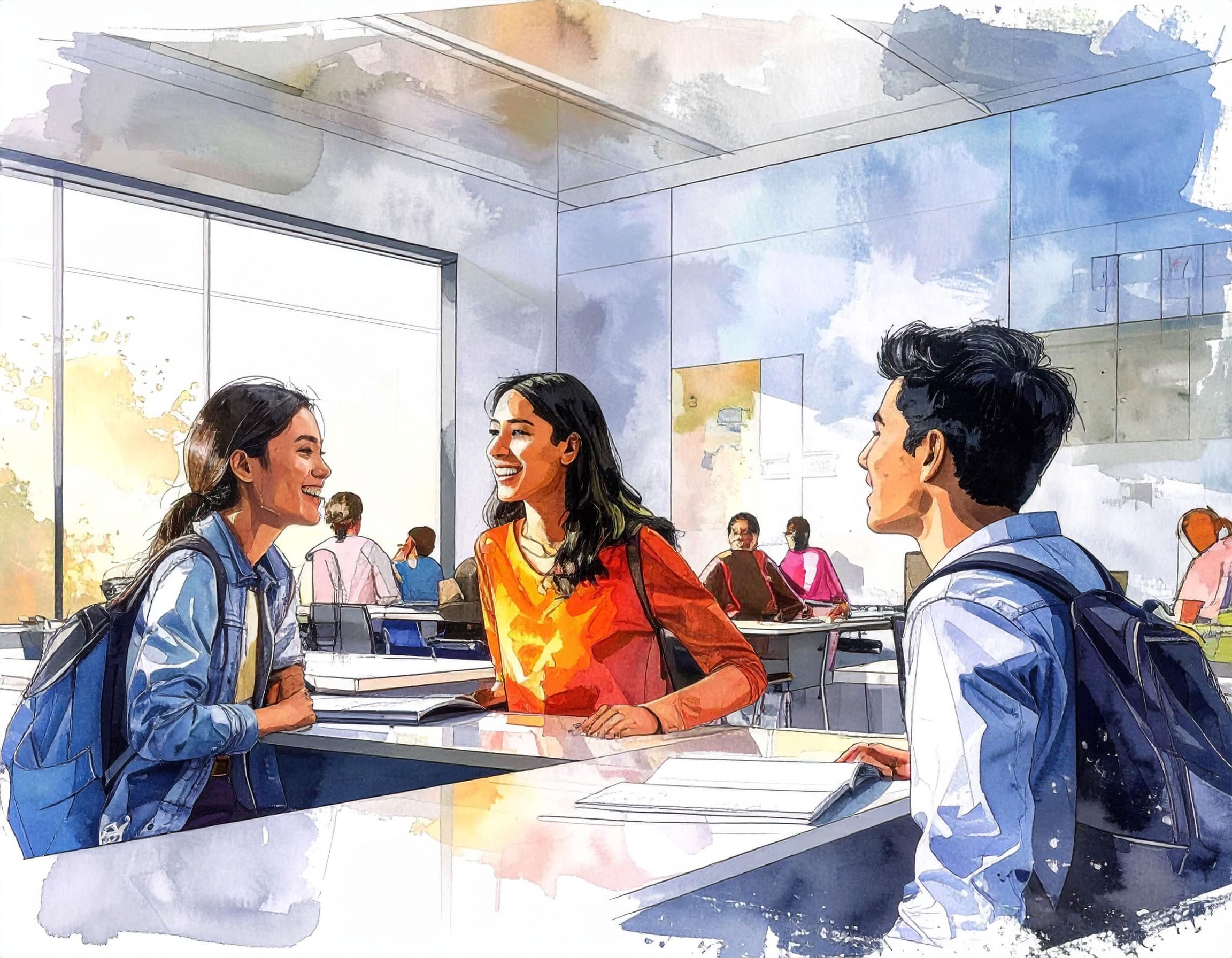 Three middle school students smiling and collaborating in a bright classroom with other students in the background. One student has a Student Reader textbook open on the desk in front of him.