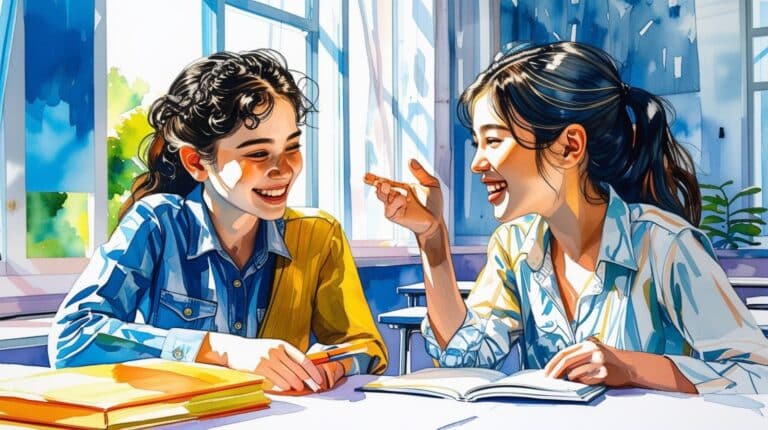 Two young women sit at a sunlit table by a window, smiling and talking while studying with open books and notebooks.