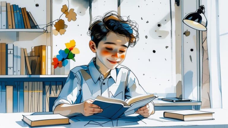 A young boy with dark hair reads a book at a desk, smiling. Bookshelves, colorful decorations, and a lamp are visible in the bright, cozy room.