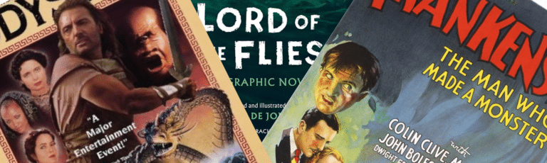 Three book and DVD covers overlap: Troy, Lord of the Flies, and Frankenstein. The Troy DVD shows armored figures, Lord of the Flies has dark green tones, and Frankenstein features illustrated faces—showcasing how integrating pop culture in ELA can engage students through familiar visual media.
