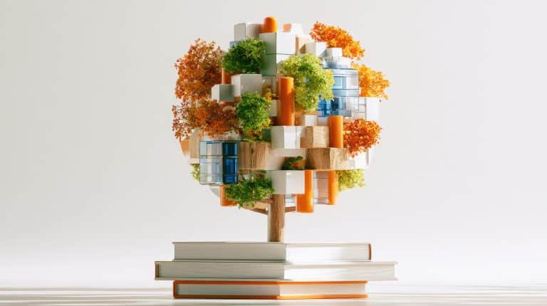 A tree sculpture made of colorful geometric shapes, greenery, and small buildings stands atop stacked books—symbolizing the creativity and growth fostered through English Language Arts—against a plain background.