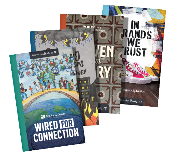 Four colorful books overlap, each featuring distinct student artwork on their covers. The visible titles include WIRED FOR CONNECTION and IN BRANDS WE TRUST..
