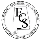Escambia County Schools logo with the letters ECS over an outline of Alabama. The text around the seal reads Achieving Excellence in Education, Escambia County Schools, highlighting their commitment to a strong literacy curriculum.