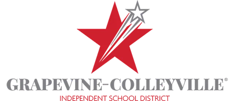Red star with a gray outlined star and shooting lines above Grapevine-Colleyville Independent School District text in gray and red, symbolizing the district’s commitment to excellence in education and its robust literacy curriculum.