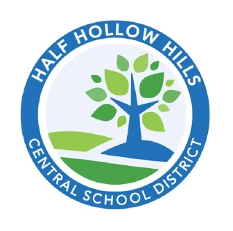 A circular logo with a green tree and landscape in the center, surrounded by a blue ring that reads Half Hollow Hills Central School District, symbolizes the district’s commitment to growth and learning through its strong literacy curriculum.