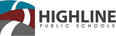 Highline Public Schools logo with a stylized road curving through blue, red, and gray shapes next to the words HIGHLINE PUBLIC SCHOOLS—representing the district’s commitment to innovative education and a strong literacy curriculum.