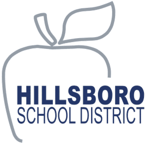 Outline of an apple with a stem and leaf above bold text reading Hillsboro School District, representing a commitment to a strong literacy curriculum.