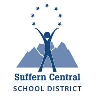 Logo for Suffern Central School District: a blue figure with raised arms stands before mountains, with a semicircle of stars above—symbolizing achievement and the district’s commitment to excellence in education. Text below reads Suffern Central School District, reflecting the community’s dedication to fostering growth through an innovative literacy curriculum.