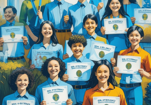 vibrant, stylized illustration of a diverse group of approximately twelve smiling high school students, likely graduates, standing together and proudly holding certificates labeled "SEAL OF BILITERACY" in a ceremonial setting