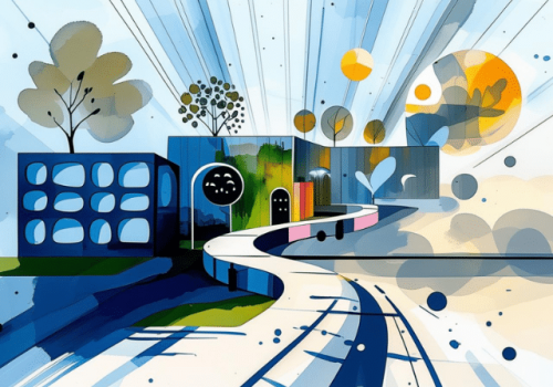 Watercolor image of a modern block building with arched doorways and a winding pathway