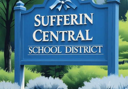 A blue wooden sign that reads Sufferin Central School District