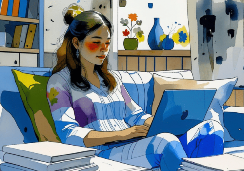 AA watercolor-style illustration of a teacher, seated comfortably on a sofa at home, wearing pajamas and working on a laptop. She is surrounded by pillows and a few stacks of books, with shelves and abstract art visible in the background, suggesting late-night or weekend work and preparation.