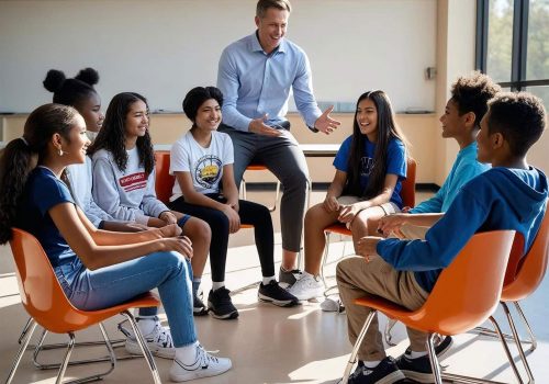 A diverse group of smiling middle school students and a male teacher sitting in a circle, engaged in a lively and collaborative classroom discussion.