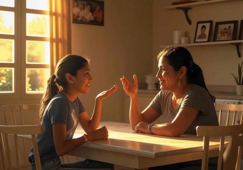 A smiling mother and daughter sitting at a table, having a warm and engaging conversation in a sunlit room.