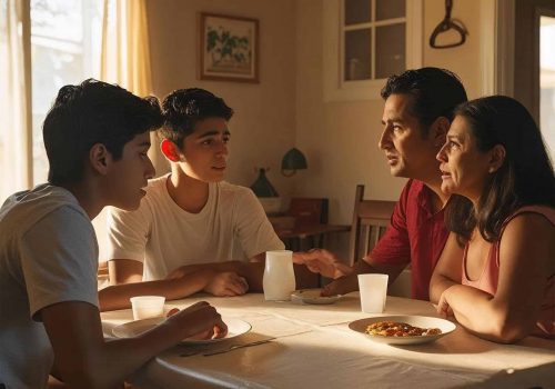 Two teenage boys sit at a table talking with their parents in a sunlit room.